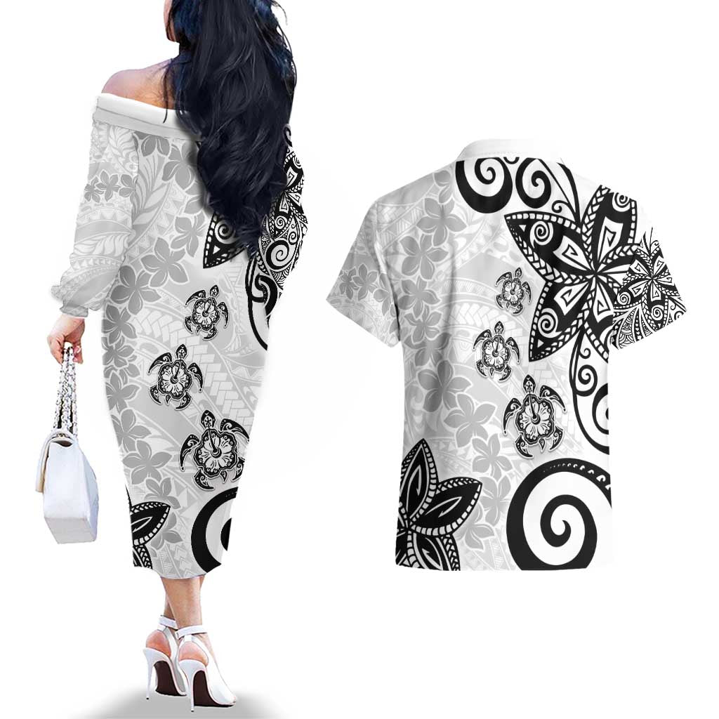 Polynesia Couples Matching Off The Shoulder Long Sleeve Dress and Hawaiian Shirt White Tribal Turtle Floral Pattern LT05 - Polynesian Pride