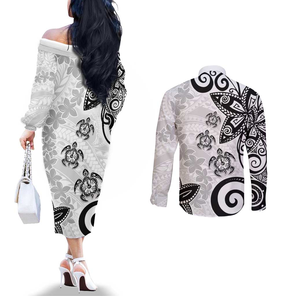 Polynesia Couples Matching Off The Shoulder Long Sleeve Dress and Long Sleeve Button Shirt White Tribal Turtle Floral Pattern LT05 - Polynesian Pride