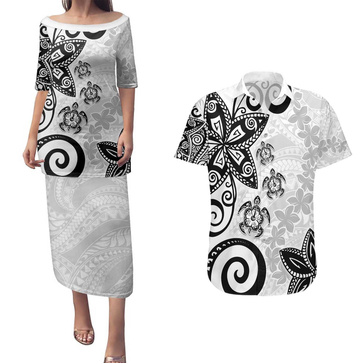 Polynesia Couples Matching Puletasi and Hawaiian Shirt White Tribal Turtle Floral Pattern LT05 White - Polynesian Pride