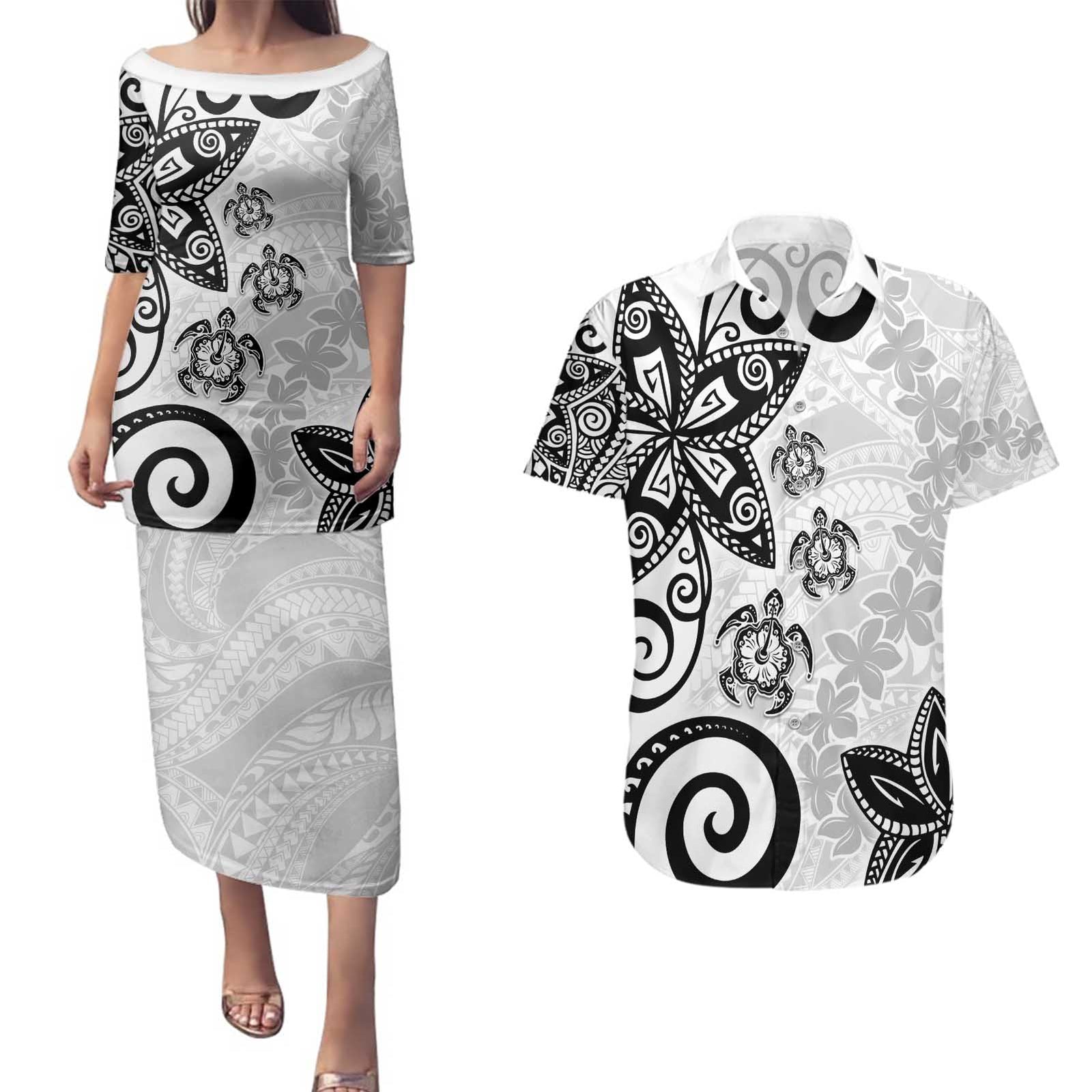 Polynesia Couples Matching Puletasi and Hawaiian Shirt White Tribal Turtle Floral Pattern LT05 White - Polynesian Pride