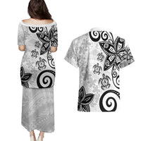 Polynesia Couples Matching Puletasi and Hawaiian Shirt White Tribal Turtle Floral Pattern LT05 - Polynesian Pride