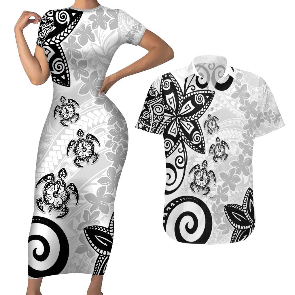 Polynesia Couples Matching Short Sleeve Bodycon Dress and Hawaiian Shirt White Tribal Turtle Floral Pattern LT05 White - Polynesian Pride