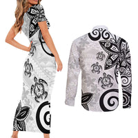 Polynesia Couples Matching Short Sleeve Bodycon Dress and Long Sleeve Button Shirt White Tribal Turtle Floral Pattern LT05 - Polynesian Pride