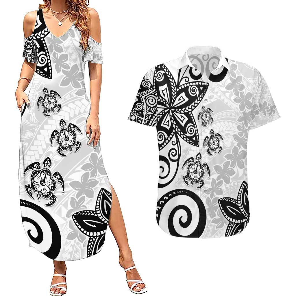 Polynesia Couples Matching Summer Maxi Dress and Hawaiian Shirt White Tribal Turtle Floral Pattern LT05 White - Polynesian Pride