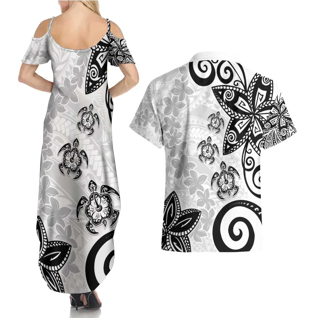Polynesia Couples Matching Summer Maxi Dress and Hawaiian Shirt White Tribal Turtle Floral Pattern LT05 - Polynesian Pride