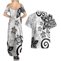 Polynesia Couples Matching Summer Maxi Dress and Hawaiian Shirt White Tribal Turtle Floral Pattern LT05 - Polynesian Pride