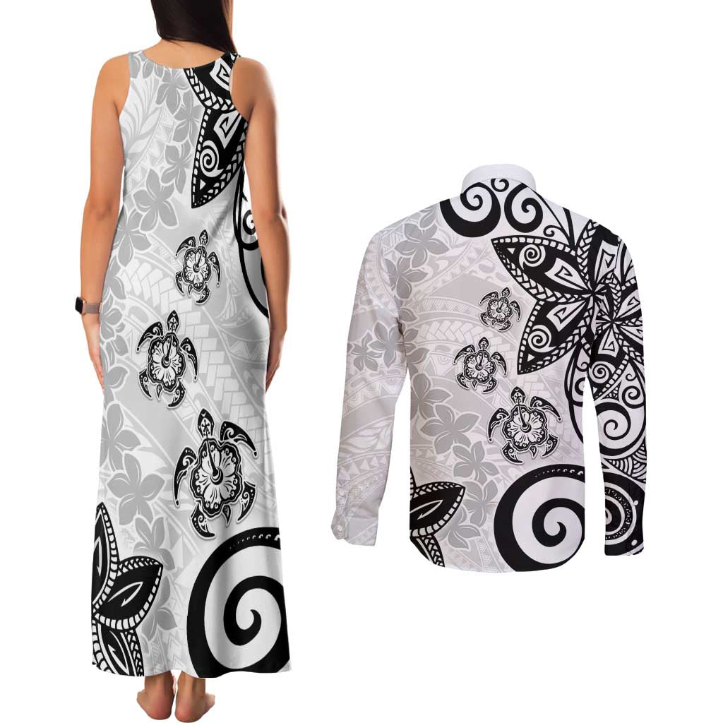 Polynesia Couples Matching Tank Maxi Dress and Long Sleeve Button Shirt White Tribal Turtle Floral Pattern LT05 - Polynesian Pride