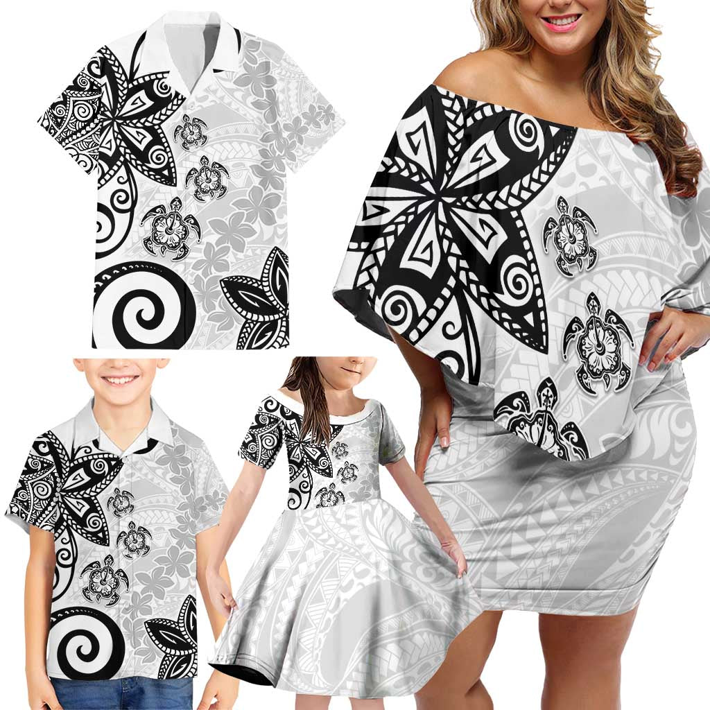 Polynesia Family Matching Off Shoulder Short Dress and Hawaiian Shirt White Tribal Turtle Floral Pattern