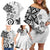 Polynesia Family Matching Off Shoulder Short Dress and Hawaiian Shirt White Tribal Turtle Floral Pattern