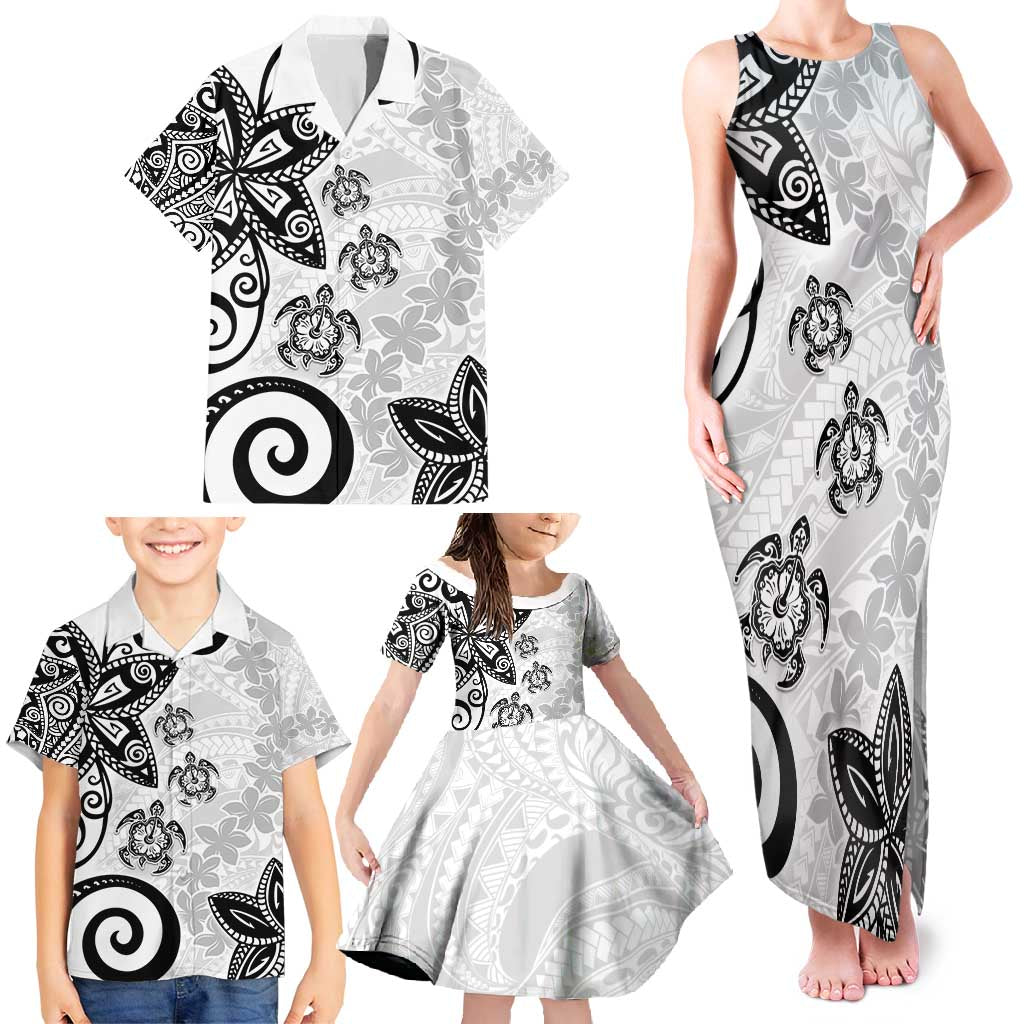 Polynesia Family Matching Tank Maxi Dress and Hawaiian Shirt White Tribal Turtle Floral Pattern