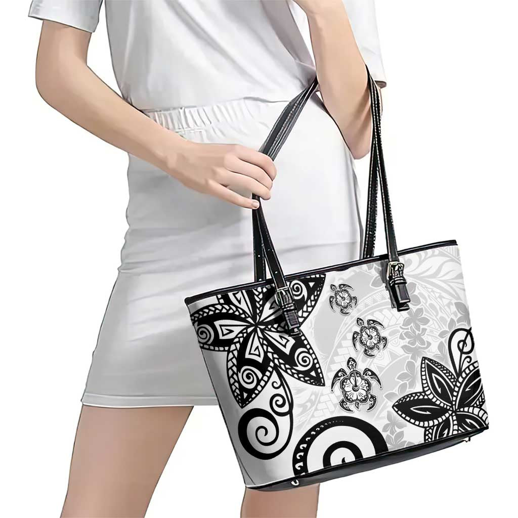 Polynesia Leather Tote Bag White Tribal Turtle Floral Pattern LT05 - Polynesian Pride