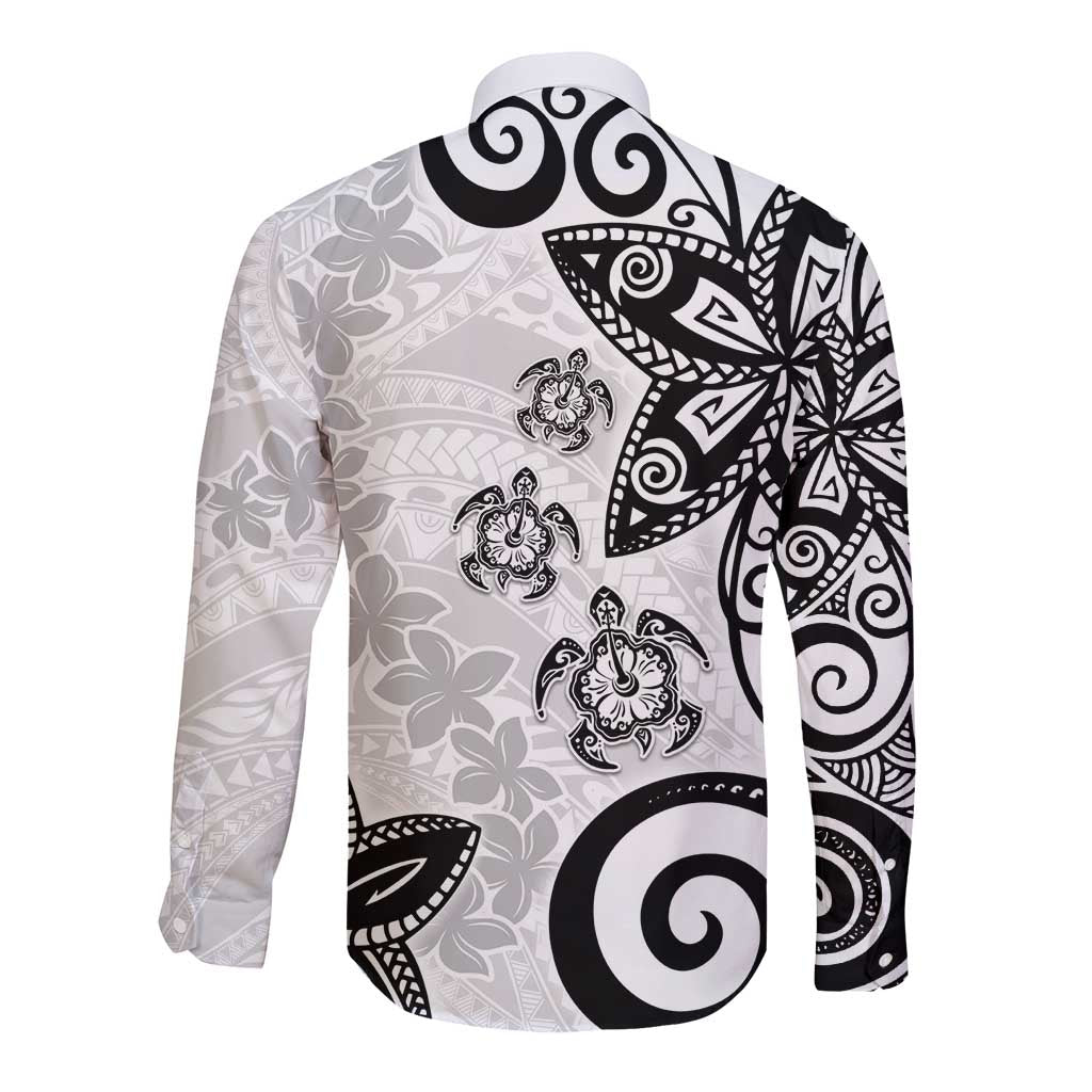 Polynesia Long Sleeve Button Shirt White Tribal Turtle Floral Pattern
