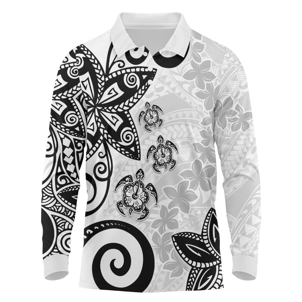 Polynesia Long Sleeve Polo Shirt White Tribal Turtle Floral Pattern