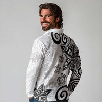 Polynesia Long Sleeve Polo Shirt White Tribal Turtle Floral Pattern