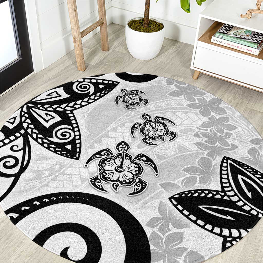 Polynesia Round Carpet White Tribal Turtle Floral Pattern