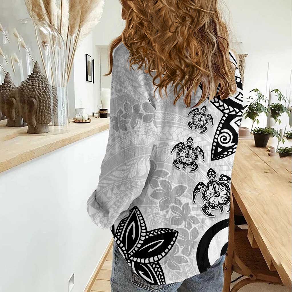 Polynesia Women Casual Shirt White Tribal Turtle Floral Pattern