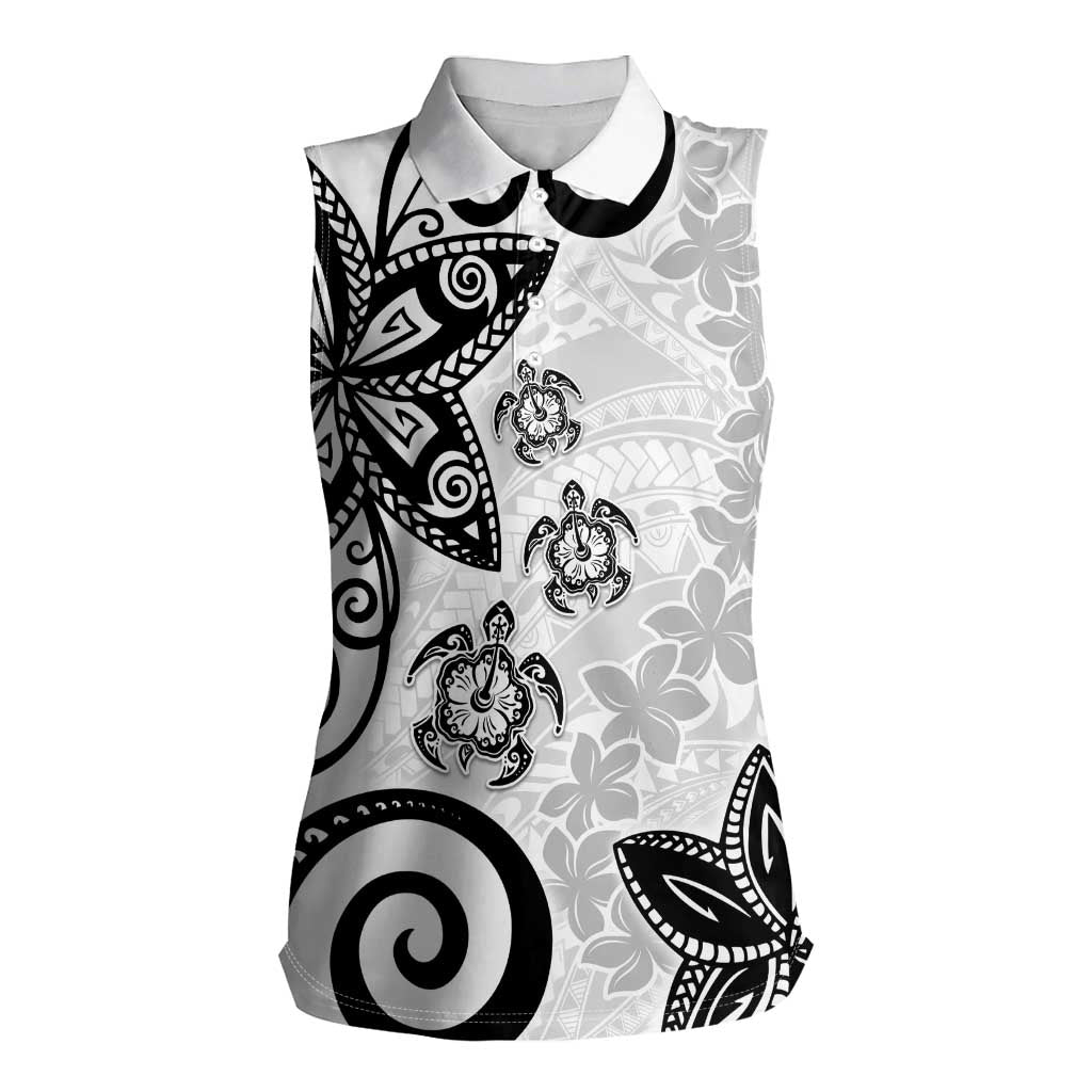 Polynesia Women Sleeveless Polo Shirt White Tribal Turtle Floral Pattern