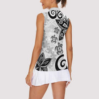 Polynesia Women Sleeveless Polo Shirt White Tribal Turtle Floral Pattern