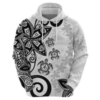 Polynesia Zip Hoodie White Tribal Turtle Floral Pattern