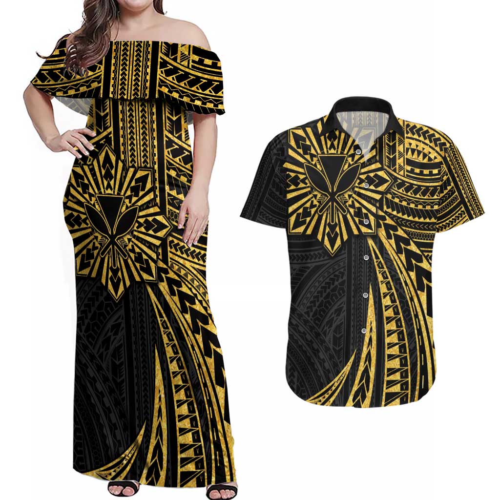 Hawaii And Philippines Couples Matching Off Shoulder Maxi Dress and Hawaiian Shirt Kanaka Maoli With Tribal Sun Together Gold