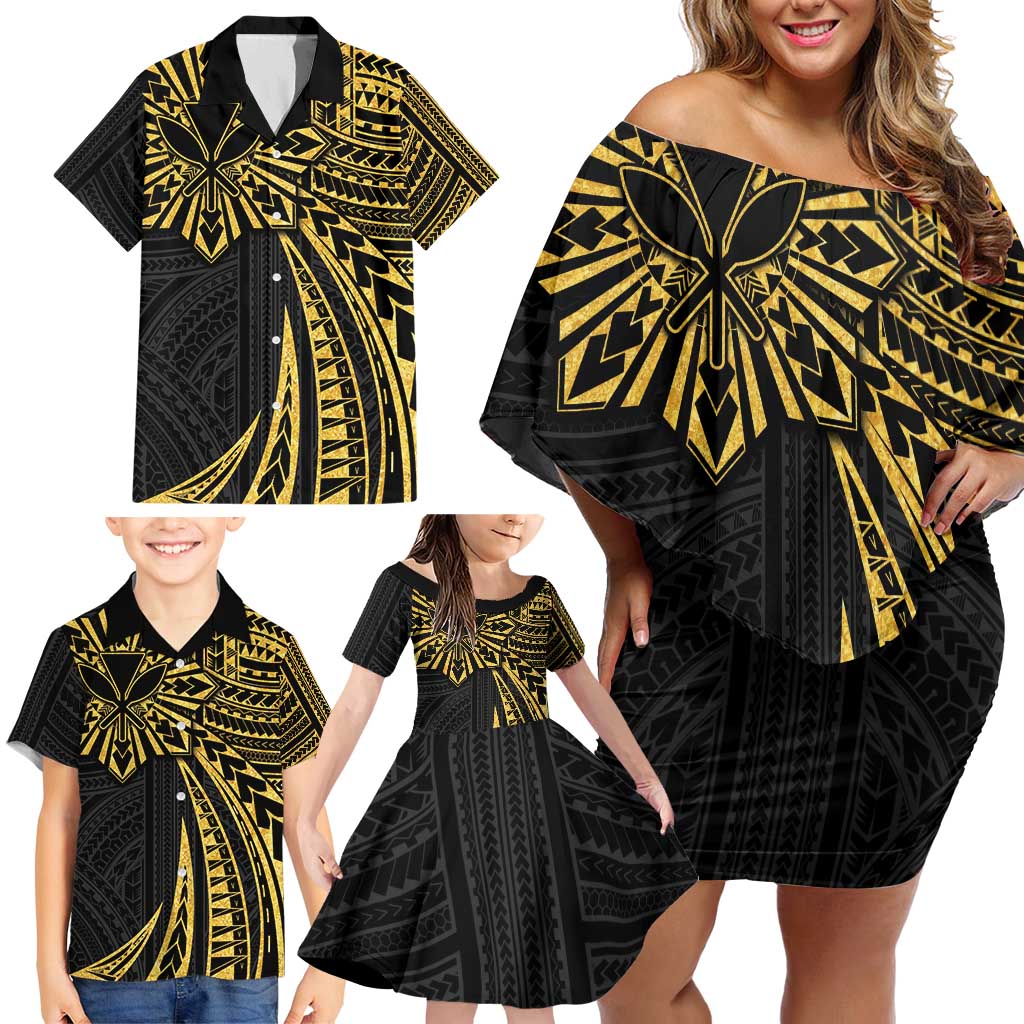 Hawaii And Philippines Family Matching Off Shoulder Short Dress and Hawaiian Shirt Kanaka Maoli With Tribal Sun Together Gold