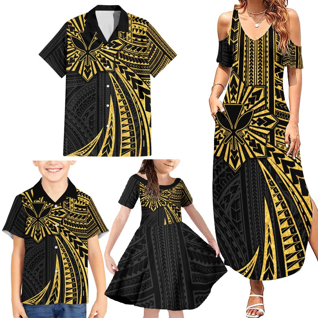 Hawaii And Philippines Family Matching Summer Maxi Dress and Hawaiian Shirt Kanaka Maoli With Tribal Sun Together Gold