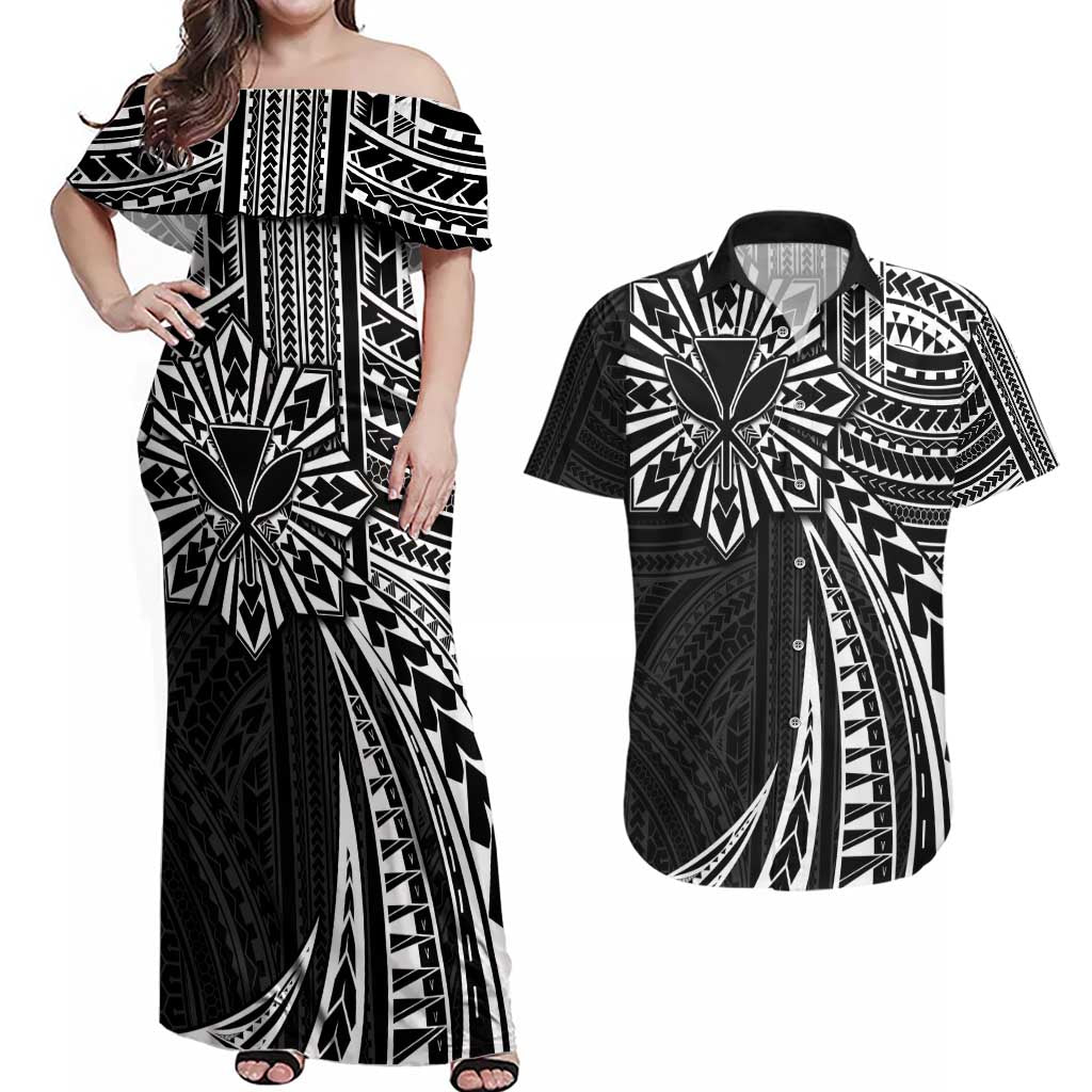 Hawaii And Philippines Couples Matching Off Shoulder Maxi Dress and Hawaiian Shirt Kanaka Maoli With Tribal Sun Together Black