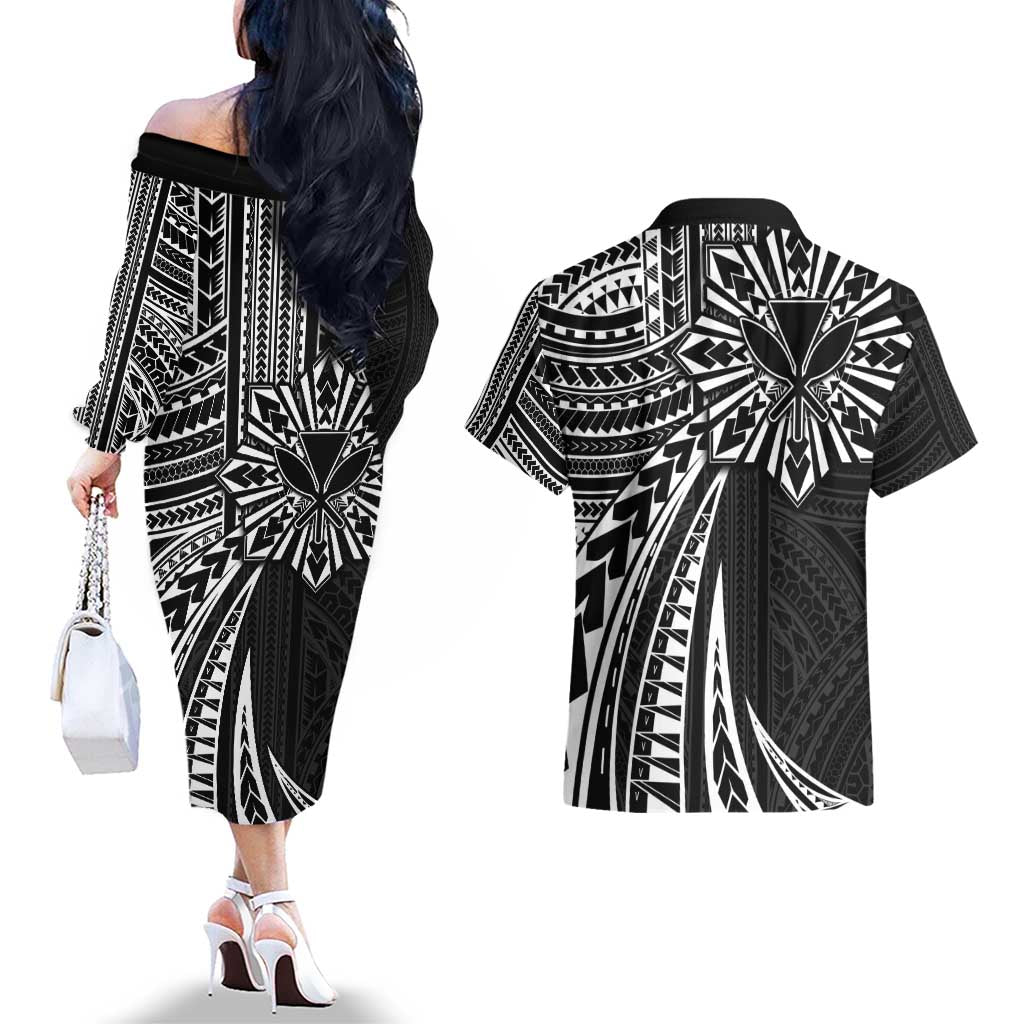 Hawaii And Philippines Couples Matching Off The Shoulder Long Sleeve Dress and Hawaiian Shirt Kanaka Maoli With Tribal Sun Together Black