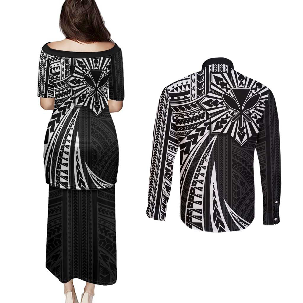 Hawaii And Philippines Couples Matching Puletasi and Long Sleeve Button Shirt Kanaka Maoli With Tribal Sun Together Black