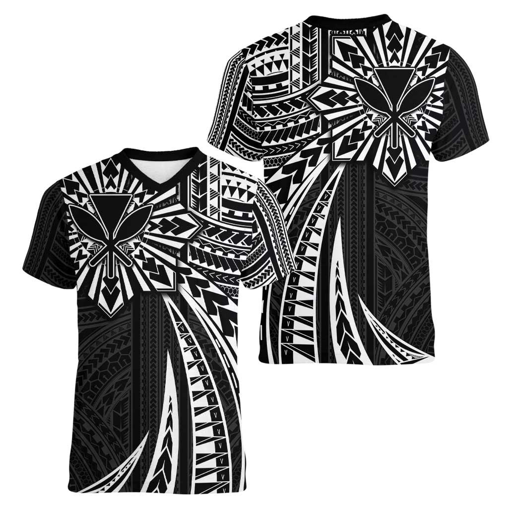 Hawaii And Philippines Women V-Neck T-Shirt Kanaka Maoli With Tribal Sun Together Black