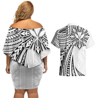 Hawaii And Philippines Couples Matching Off Shoulder Short Dress and Hawaiian Shirt Kanaka Maoli With Tribal Sun Together White
