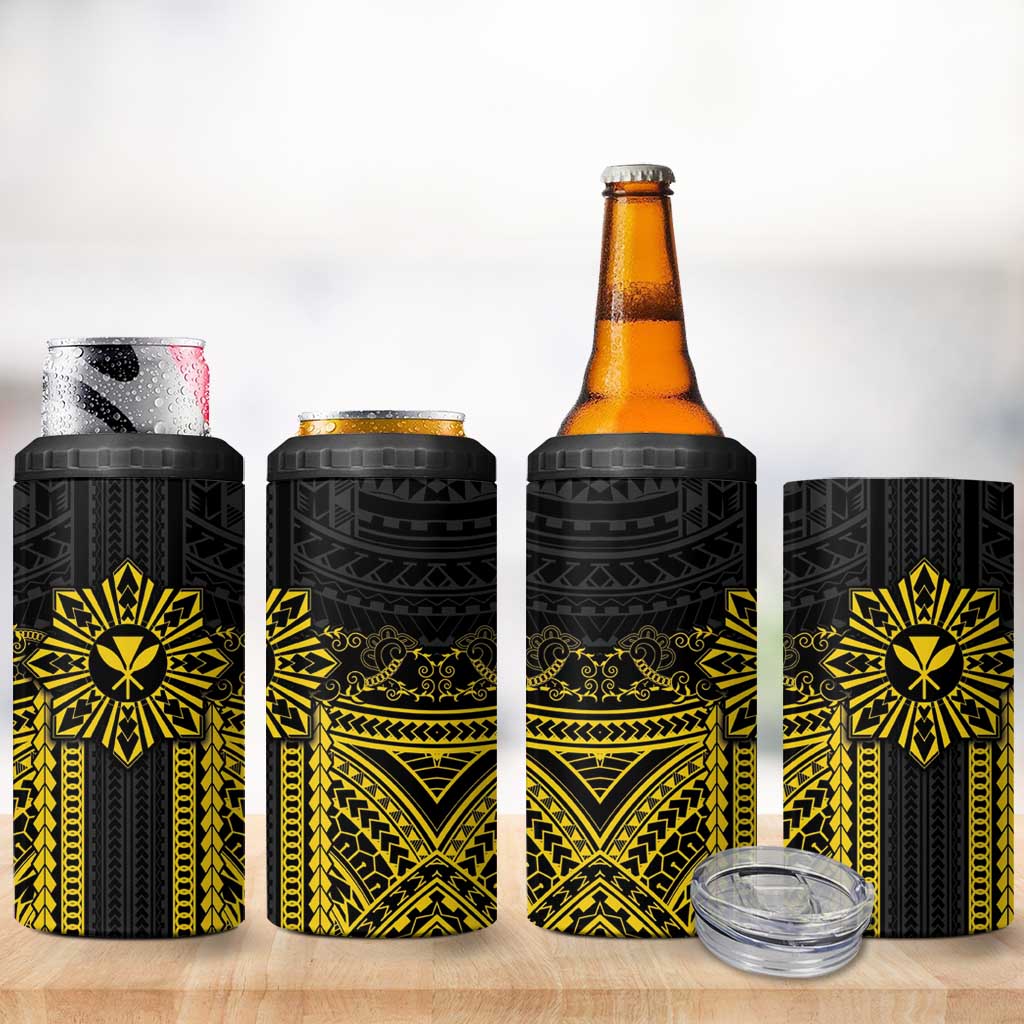 Hawaii And Philippines Together 4 in 1 Can Cooler Tumbler Polynesian Pattern With Filipino Barong Gold