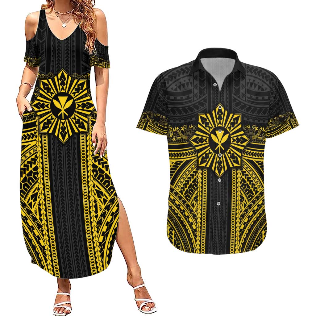 Hawaii And Philippines Together Couples Matching Summer Maxi Dress and Hawaiian Shirt Polynesian Pattern With Filipino Barong Gold