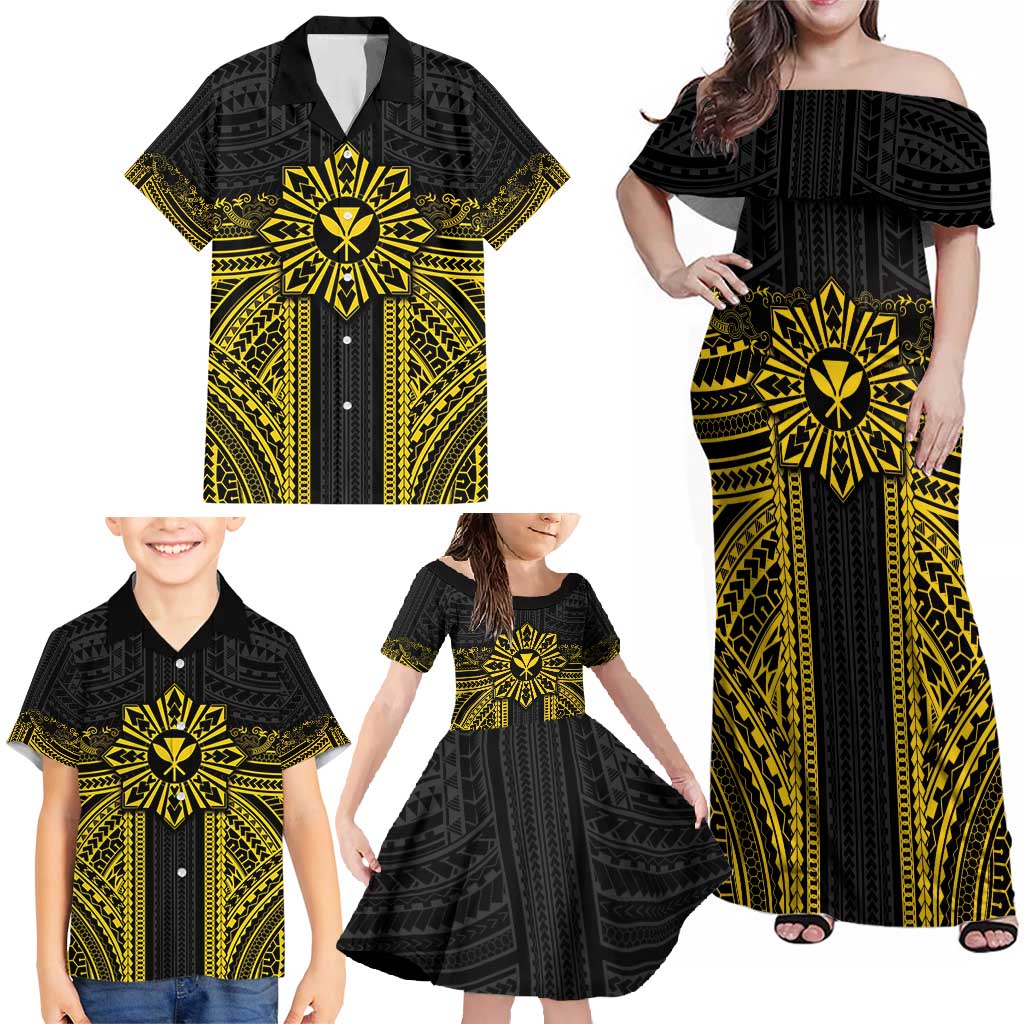 Hawaii And Philippines Together Family Matching Off Shoulder Maxi Dress and Hawaiian Shirt Polynesian Pattern With Filipino Barong Gold