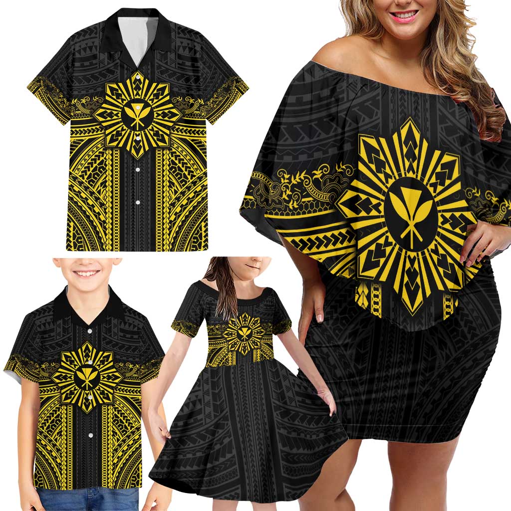 Hawaii And Philippines Together Family Matching Off Shoulder Short Dress and Hawaiian Shirt Polynesian Pattern With Filipino Barong Gold