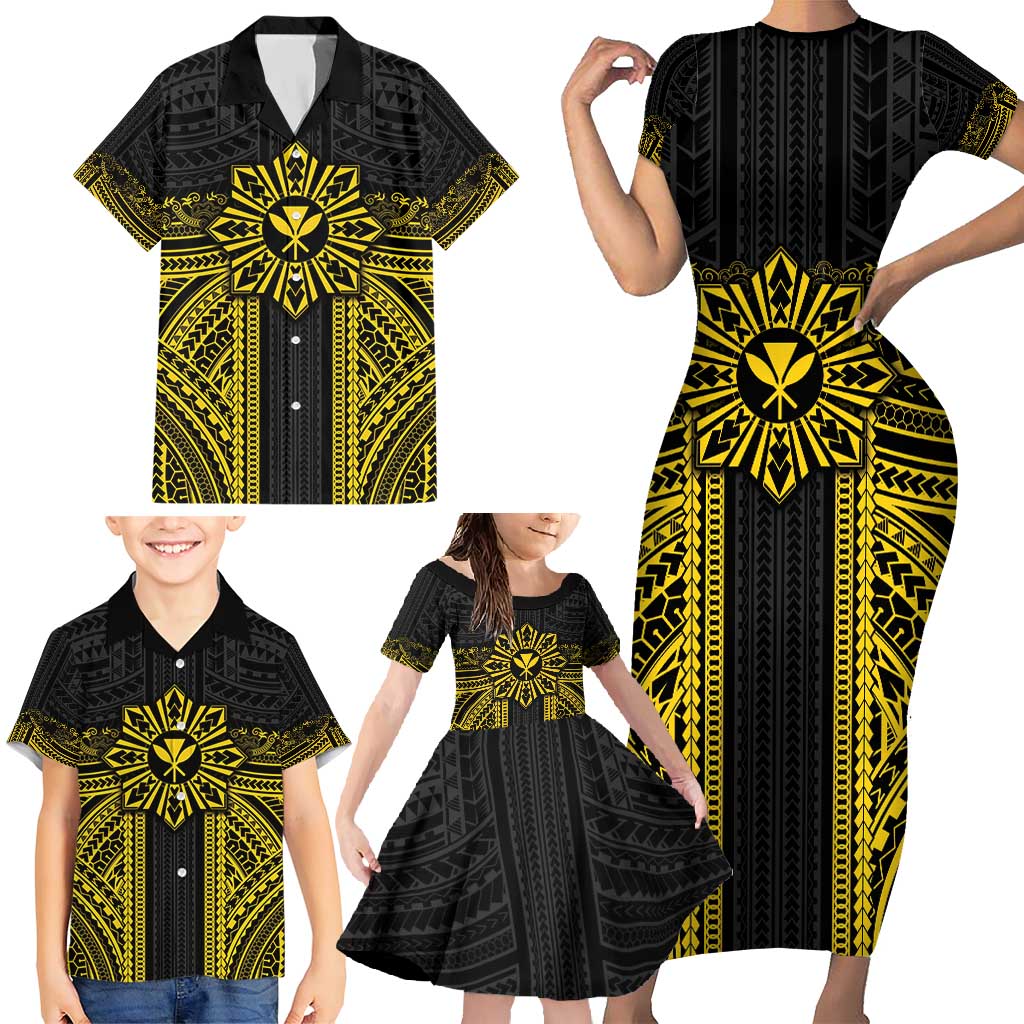 Hawaii And Philippines Together Family Matching Short Sleeve Bodycon Dress and Hawaiian Shirt Polynesian Pattern With Filipino Barong Gold