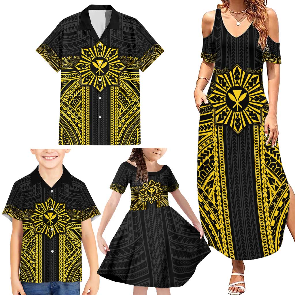 Hawaii And Philippines Together Family Matching Summer Maxi Dress and Hawaiian Shirt Polynesian Pattern With Filipino Barong Gold