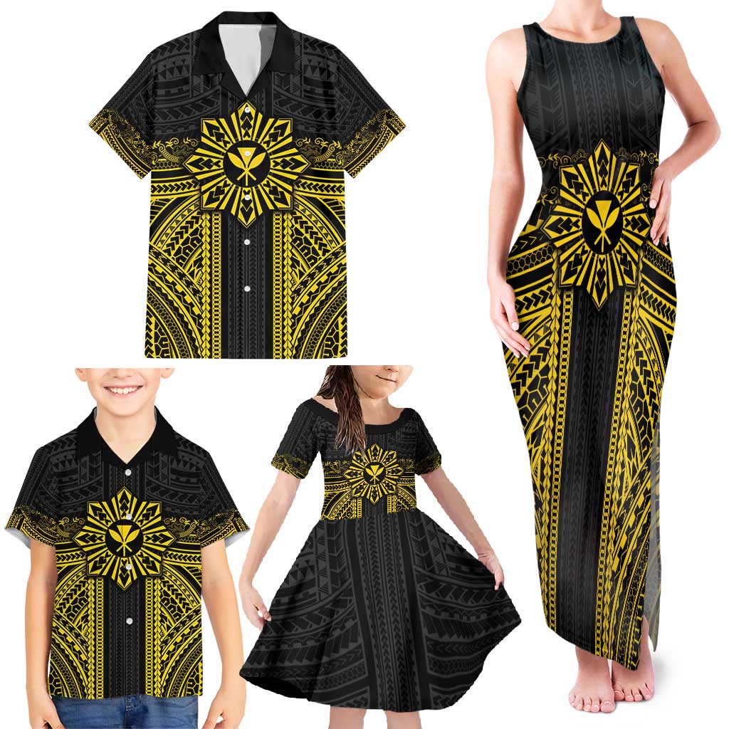 Hawaii And Philippines Together Family Matching Tank Maxi Dress and Hawaiian Shirt Polynesian Pattern With Filipino Barong Gold