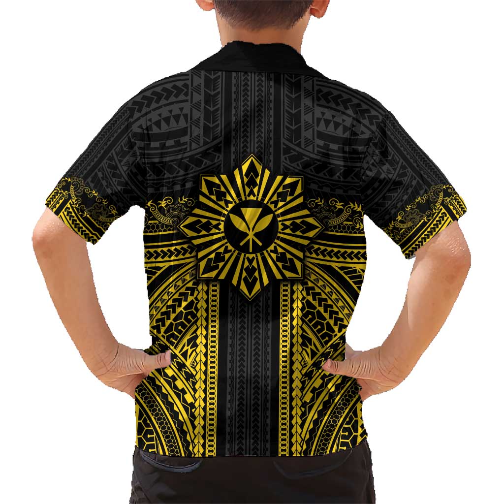 Hawaii And Philippines Together Kid Hawaiian Shirt Polynesian Pattern With Filipino Barong Gold