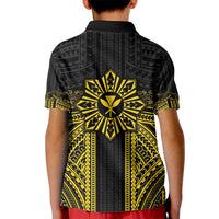 Hawaii And Philippines Together Kid Polo Shirt Polynesian Pattern With Filipino Barong Gold