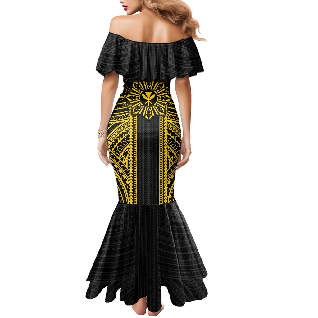 Hawaii And Philippines Together Mermaid Dress Polynesian Pattern With Filipino Barong Gold