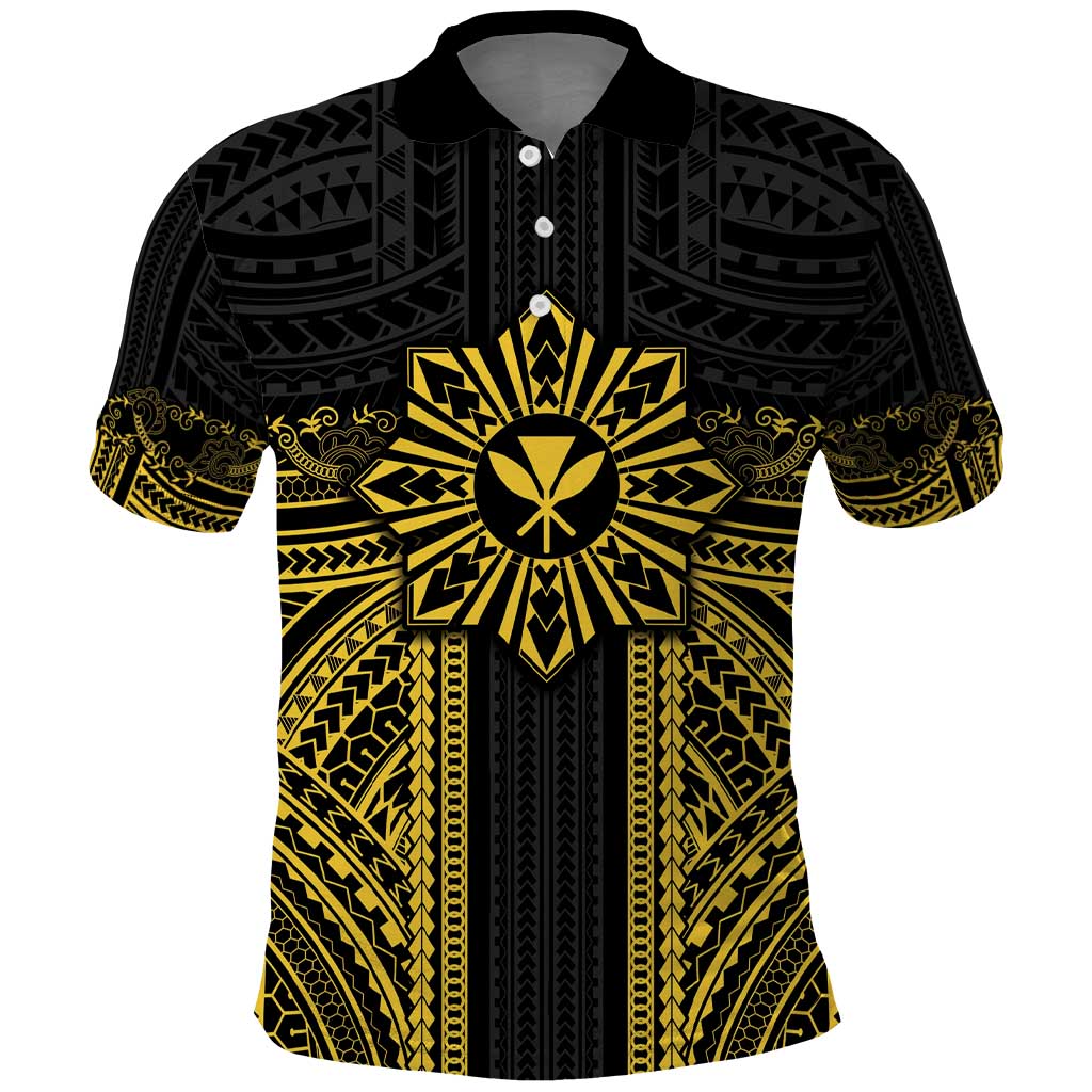 Hawaii And Philippines Together Polo Shirt Polynesian Pattern With Filipino Barong Gold