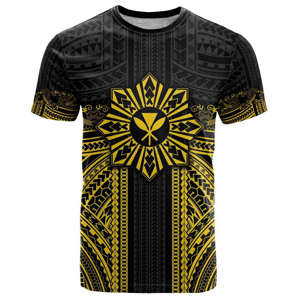 Hawaii And Philippines Together T Shirt Polynesian Pattern With Filipino Barong Gold