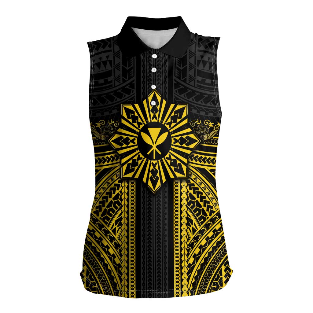 Hawaii And Philippines Together Women Sleeveless Polo Shirt Polynesian Pattern With Filipino Barong Gold