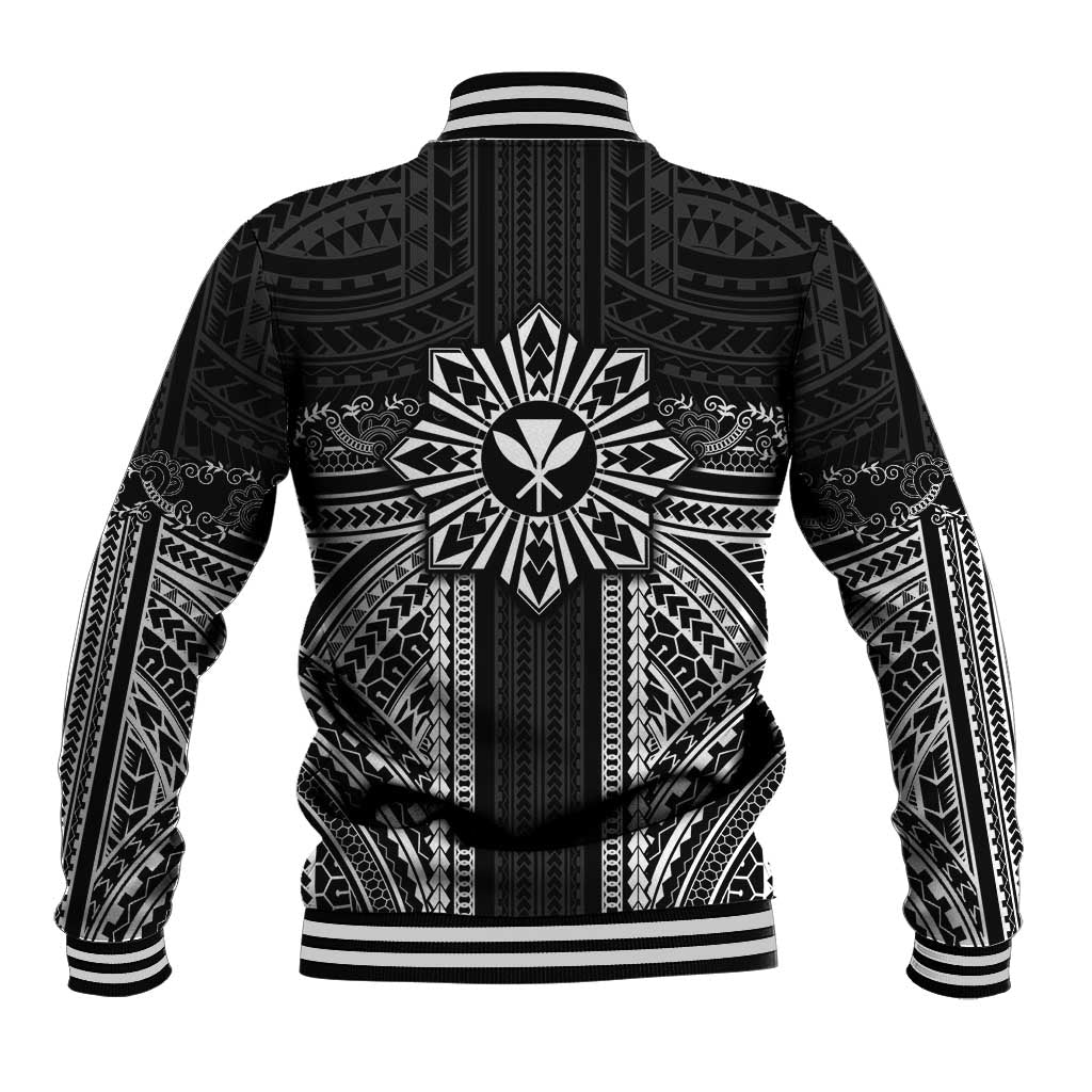 Hawaii And Philippines Together Baseball Jacket Polynesian Pattern With Filipino Barong Black