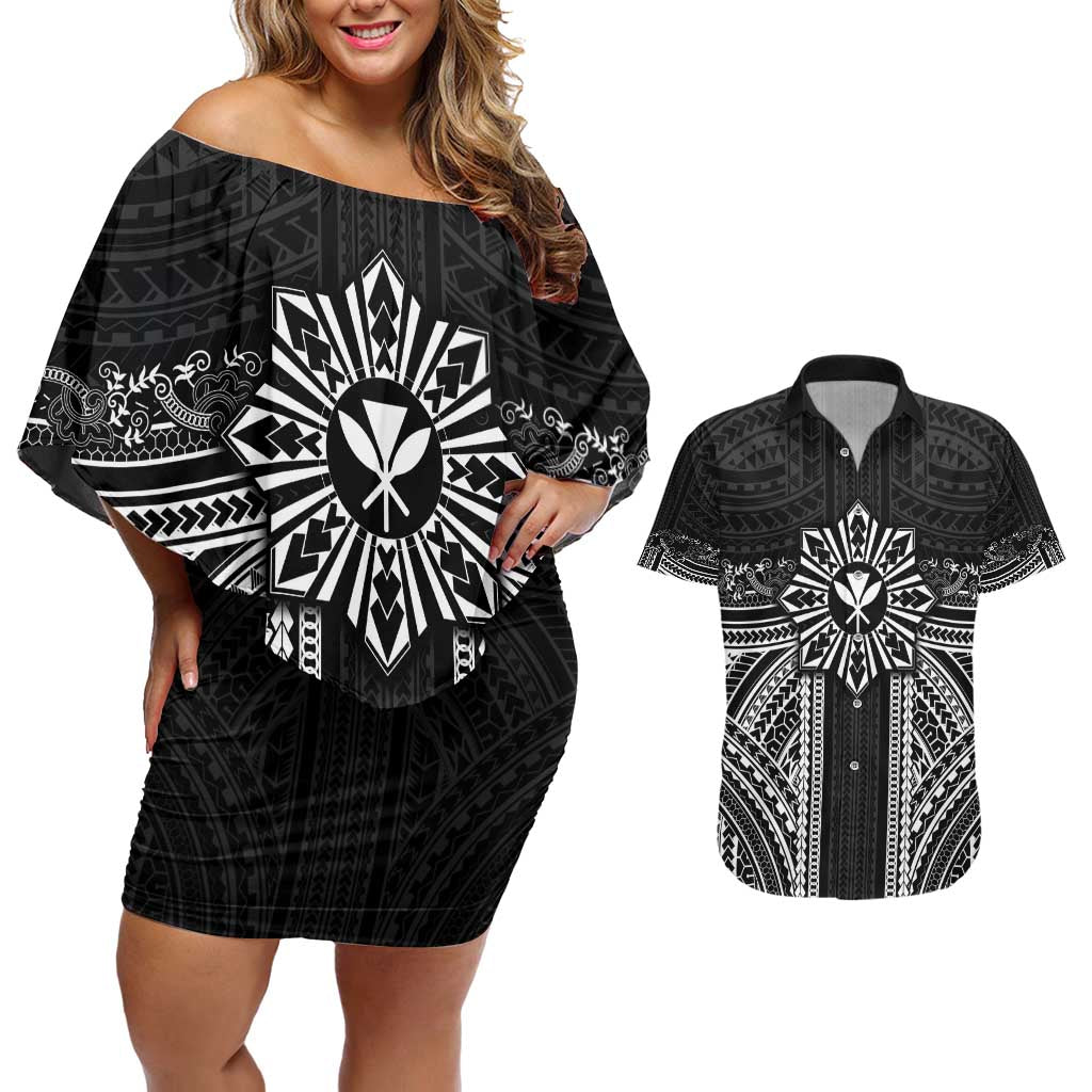 Hawaii And Philippines Together Couples Matching Off Shoulder Short Dress and Hawaiian Shirt Polynesian Pattern With Filipino Barong Black