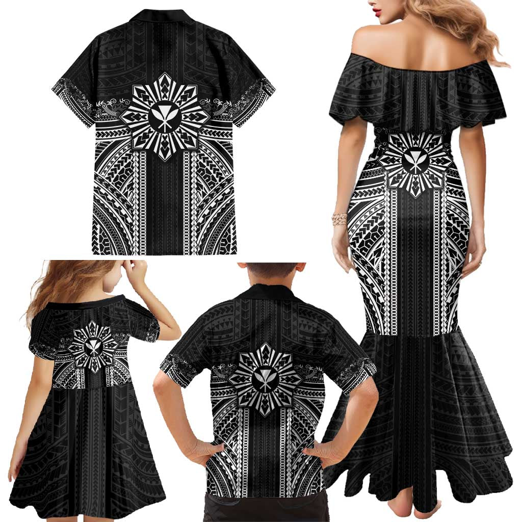 Hawaii And Philippines Together Family Matching Mermaid Dress and Hawaiian Shirt Polynesian Pattern With Filipino Barong Black