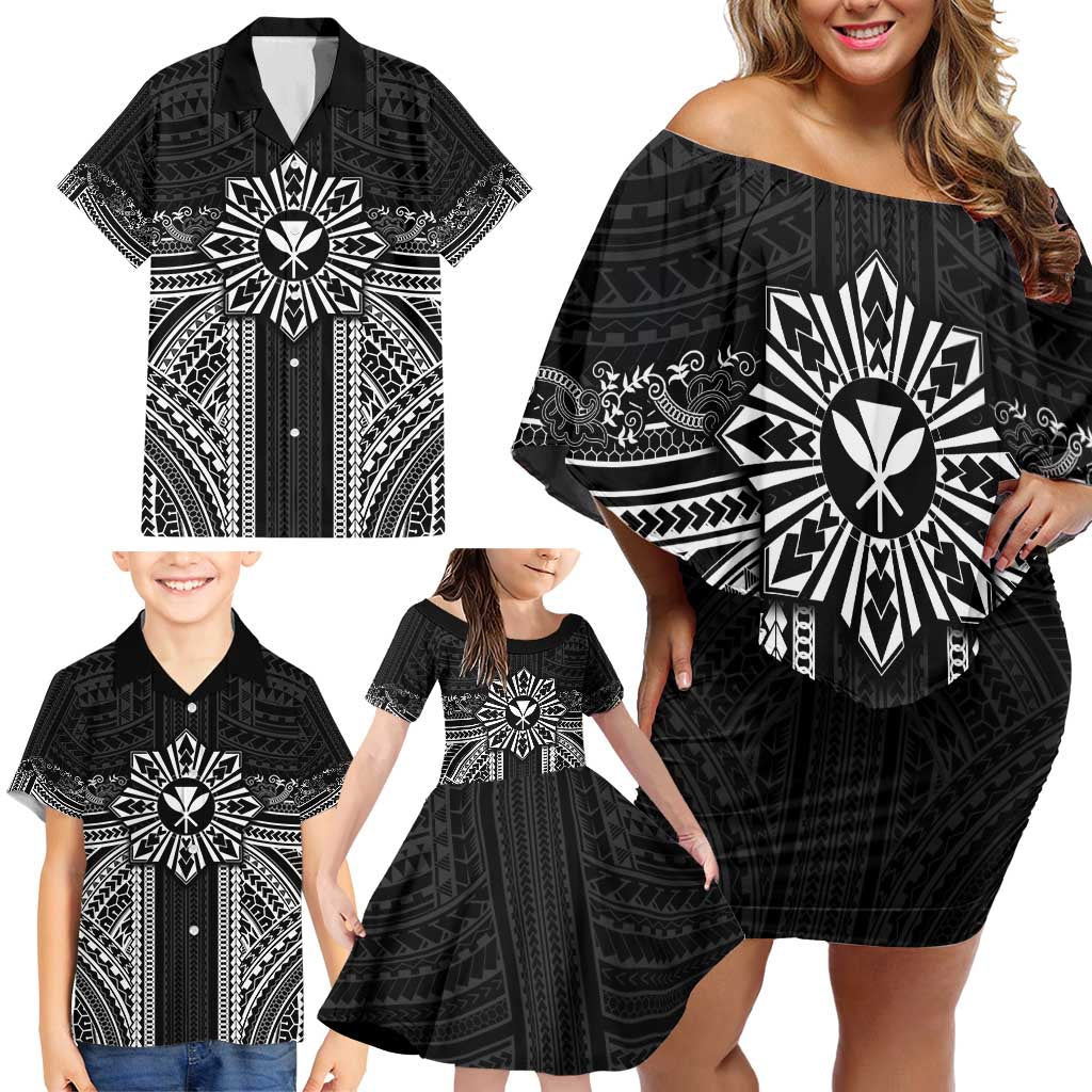 Hawaii And Philippines Together Family Matching Off Shoulder Short Dress and Hawaiian Shirt Polynesian Pattern With Filipino Barong Black