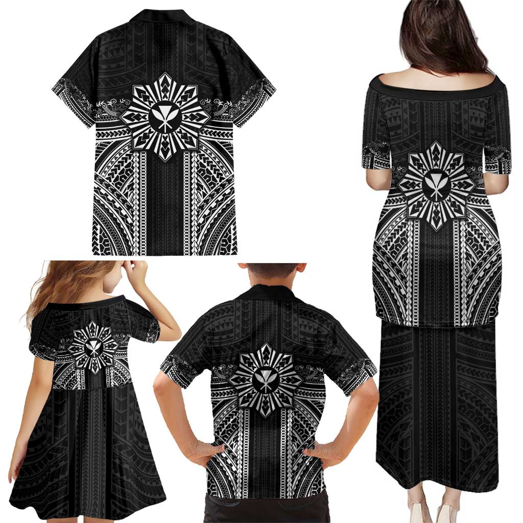 Hawaii And Philippines Together Family Matching Puletasi and Hawaiian Shirt Polynesian Pattern With Filipino Barong Black