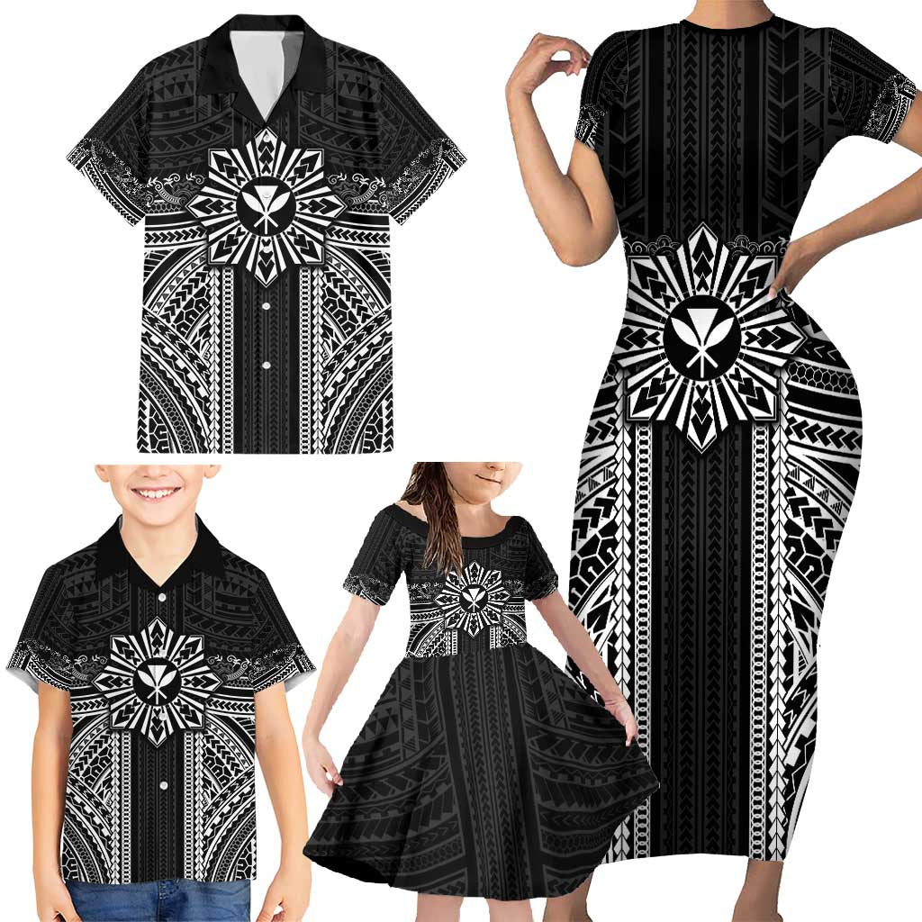 Hawaii And Philippines Together Family Matching Short Sleeve Bodycon Dress and Hawaiian Shirt Polynesian Pattern With Filipino Barong Black